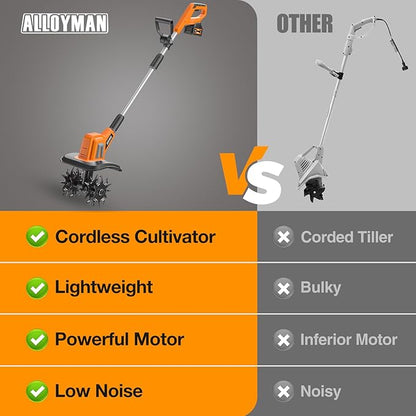 Alloyman 20V Cordless Tiller Cultivator, 360RPM Electric Garden Tiller, with 2 * 4.0Ah Batteries & Charger, 9In Tilling Width and 6.6In Depth Garden Rototiller for Lawn/Gardening/Soil Cultivation