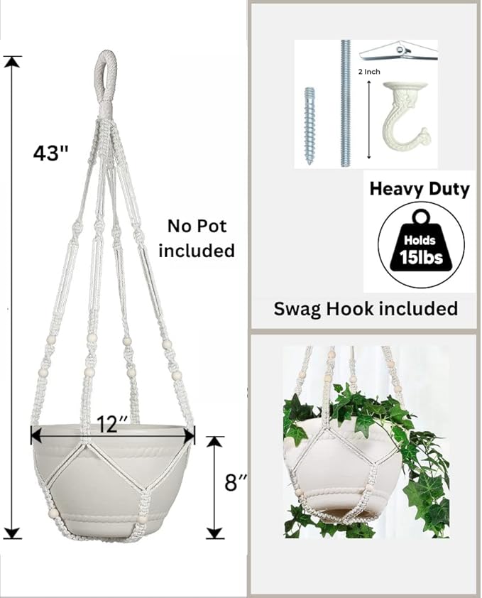 43 Inches Macrame Planter Hanger Large for 12 inch Pot + Swag Hook (Extra Long & Big) | Large Hanging Planter for Indoor Plants | No Tassel, Cotton Rope, NO Pot/Plant Included (Beige)(XL)