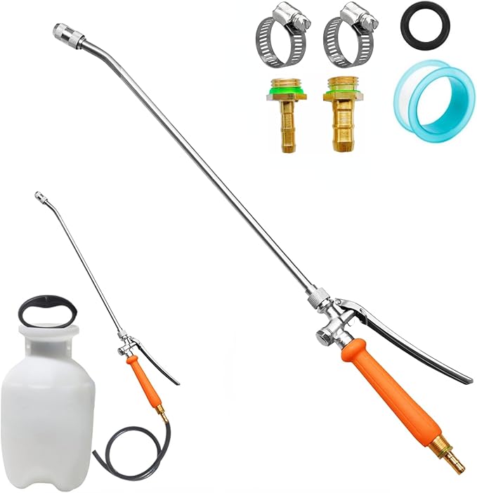 24 Inches Metal Sprayer Wand Compatible with CHAPIN,1/4" & 3/8" Brass Barbs Sprayer Wand Replacement, Stainless Steel Sprayer Wand with Shut off Valve & 2 Hose Clamps (002)