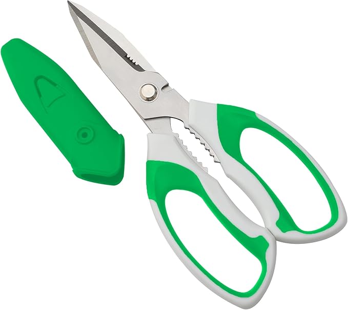 8-Inch Utility Scissors All Purpose Heavy Duty, Serrated Blade, Green Comfort Grip for Cutting Carpet, Cardboard, Leather, Fabric, Multipurpose Sharp Shears for Kitchen, Garden, Office, Carft