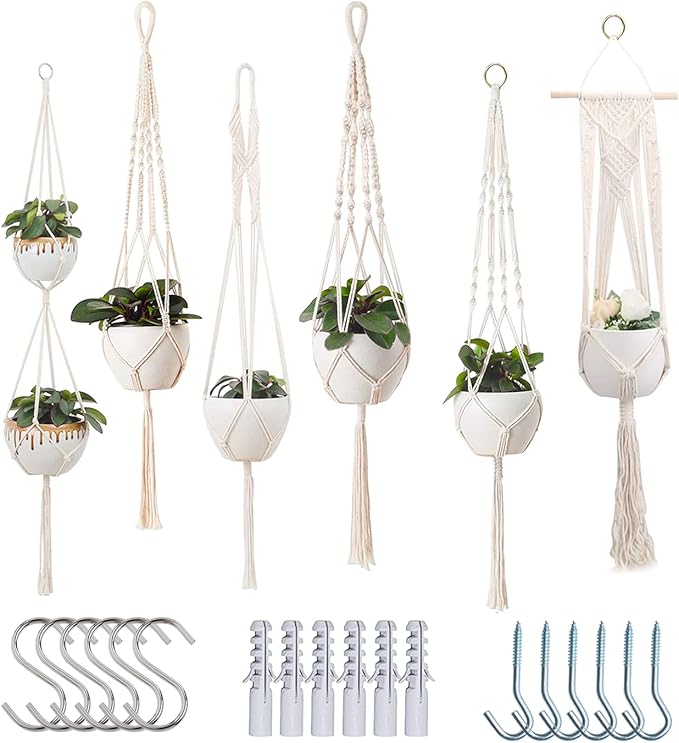 feedee Macrame Plant Hangers for Plants - 6 Pack Macromay Plant Hangers for Indoor Plant Hanger, Boho & Home Decor