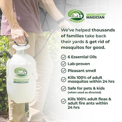 Mosquito Magician Ready to Use Hose Sprayer - Holds 32 Fl Oz of Liquid - Refillable - Kills Mosquitoes, Fleas, and Fire Ants - for Yards, Lawns, Patios - with Essential Oils - Mint