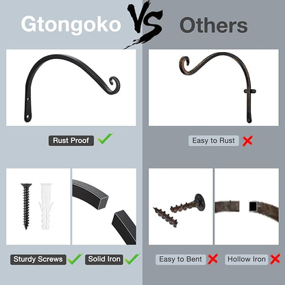 Gtongoko 2 Pack 12 Inch Plant Hangers Outdoor Metal, Plant Hooks for Wall Indoor, Outdoor Hooks for Hanging Bird Feeders, Plant Bracket, Lanterns, Wind Chinme, Black