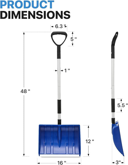 MoNiBloom Snow Shovel 16" Blade with Aluminum Edge, 48" Length Detachable D-Grip Handle, Wide Snow Shovel for Driveway Sidewalk and Deck