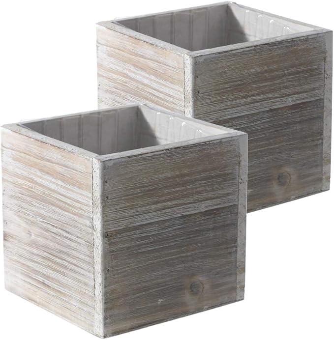Wooden Planter Box l Rustic Barn Whitewash with Plastic Liner l Garden Decor l Restaurant and Wedding Decorations (6x6 Set of 2, Whitewash)
