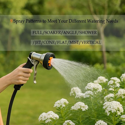 Garden Hose Nozzle,Heavy Duty Metal Water Hose Sprayer Nozzle with 9 Adjustable Spray Patterns,High Pressure Handheld Spray Nozzle Gun for Watering Plants, Car Washing