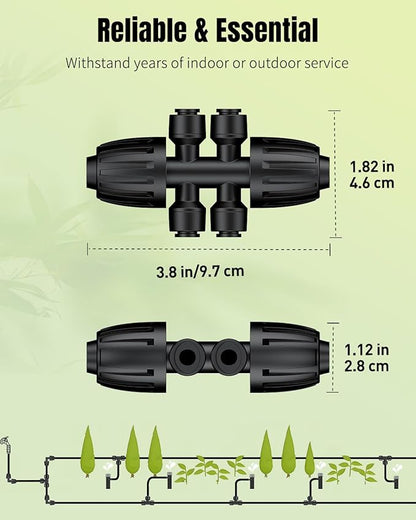Pawfly 12 Pcs 1/2'' to 1/4'' Drip Irrigation Fittings, Anti-Leak Reducing Tees, Push-to-Fit Drip Irrigation Parts for Garden Lawn, 6-Way Barbed Tee Quick Connectors with Anti-Drop Locked Nuts