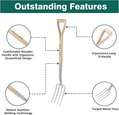 Berry&Bird Gardening Digging Fork, 4-Tine Stainless Steel Pitchfork, 43.9" Heavy Duty Spading Fork with D-Grip Handle and Ergonomic Ash Wood Handle for Digging, Planting, Cultivating, Aerating