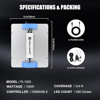 Phlizon PL1000 Dimmable Plant LED Grow Light Full Spectrum Grow Lamp for Indoor Plants Waterproof Zero Noise LED Growing Light