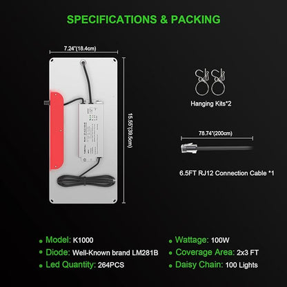 AGLEX K1000 LED Grow Light, Grow Light with Daisy Chain & Dimmable, Full Spectrum Plant Grow Lights for Hydroponic Indoor Plants Seeding