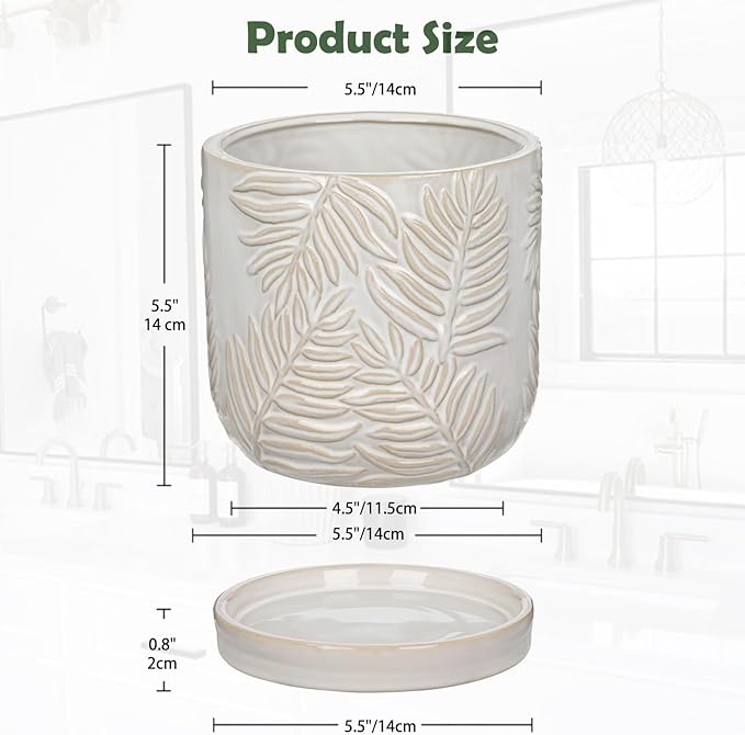 5.5 Inch Ceramic Planter Pots with Drainage Holes, Saucers for Indoor-Outdoor Plants, Succulent Orchid Flower Large Round Plant Pot Lvory White