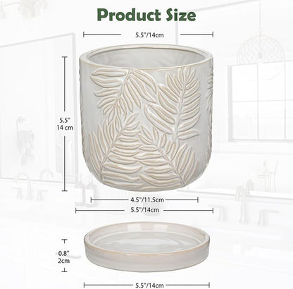 5.5 Inch Ceramic Planter Pots with Drainage Holes, Saucers for Indoor-Outdoor Plants, Succulent Orchid Flower Large Round Plant Pot Lvory White