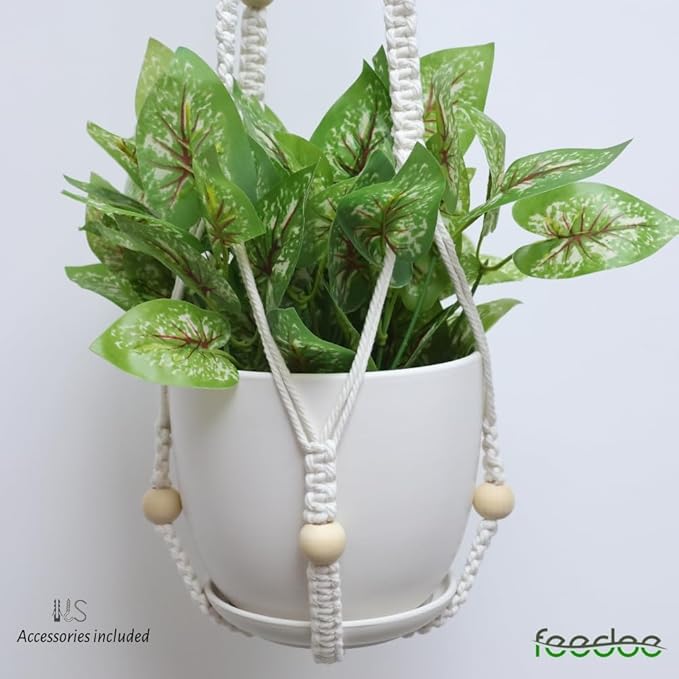 Macrame Plant Hanger, Hanging Planters for Indoor Plants Holder with Wood Beads, Hanging Plant Holder for Indoor Outdoor, Gifts for Plant Lovers, Boho Home Decor Plant Hanger, Ivory