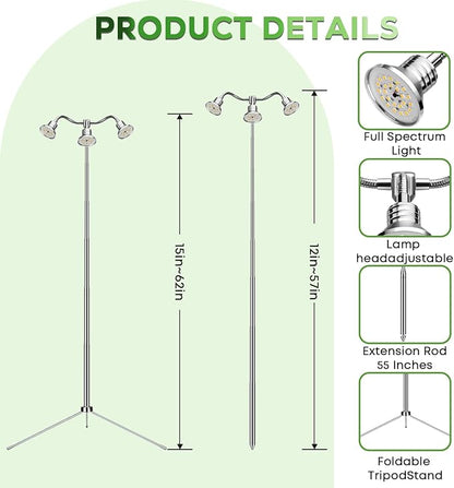 Full Spectrum Grow Lights for Indoor Plants 15-62 Inches Height Adjustable Aluminum Alloy Plant Growing Lamps with Detachable Tripod Stand, Auto On/Off Timer (Full Spectrum, Three Heads)