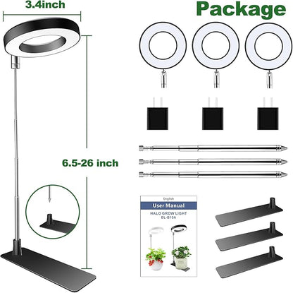 Plant Grow Light, 48 LEDs Full Spectrum Grow Lights for Indoor Plants, Height Adjustable Small Halo Grow Light with Base, 3 Optional Spectrums, Auto Timer 3/9/12Hrs, 10 Brightness, 3 Pack