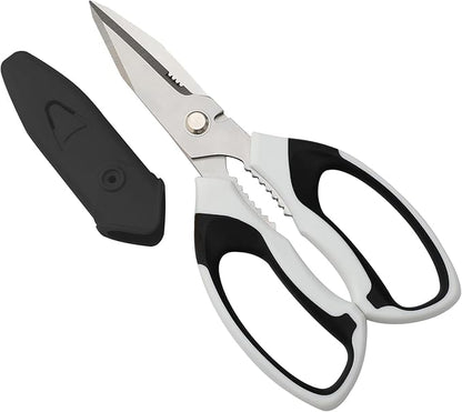8-Inch Utility Scissors All Purpose Heavy Duty, Serrated Blade, White Comfort Grip for Cutting Carpet, Cardboard, Leather, Fabric, Multipurpose Sharp Shears for Kitchen, Garden, Office, Carft