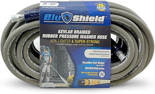 BluShield Aramid Braided Rubber Pressure Washer Hose, 4100 Psi, Handle 250°F Hot & Cold Water, Heavy Duty, 35% Lighter, Flexible (3/8" x 100' NM Coupler Plug)