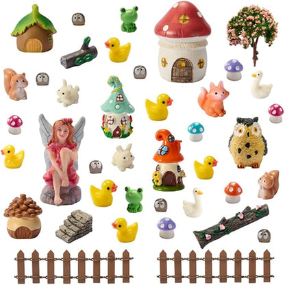 40Pcs Outdoor Miniature Fairy Garden Accessories Kit with Fairy House & Mini Resin Animals - Miniature Garden Decor Gifts for DIY Micro-Enthusiasts