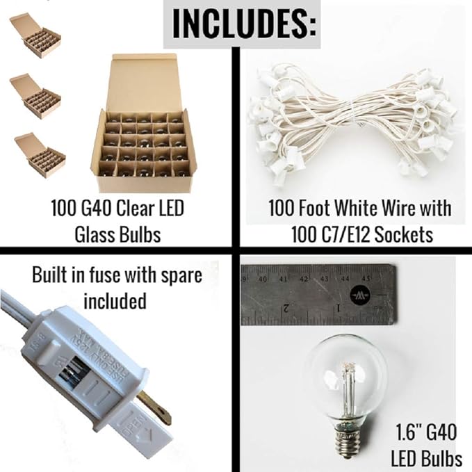 Hometown Evolution, Inc. 100 Foot LED Globe String Lights (G40 LED 0.6 Watt Bulbs - White Wire) for Cafe, Bistro, Market, Party and Tent Lighting