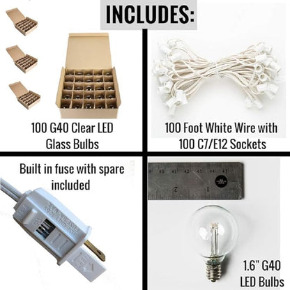 Hometown Evolution, Inc. 100 Foot LED Globe String Lights (G40 LED 0.6 Watt Bulbs - White Wire) for Cafe, Bistro, Market, Party and Tent Lighting