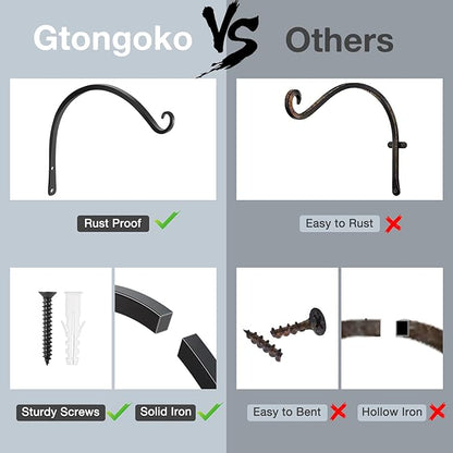 Gtongoko 2 Pack 14 Inch Plant Hangers Outdoor Metal, Plant Hooks for Wall Indoor, Outdoor Hooks for Hanging Bird Feeders, Plant Bracket, Lanterns, Wind Chinme, Black