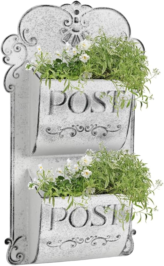 All Chic Outdoor Wall Planters Metal Wall Planter Wall Mounted Planters 2-Tiers White Wall Vase Flower Pot Indoor Outdoor Wall Hanging Planter Shabby Rustic Farmhouse Decor…