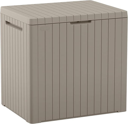 Keter City 30 Gallon Resin Outdoor Storage Box and Patio Furniture Side Table for Pool and Garden Accessories, Beige