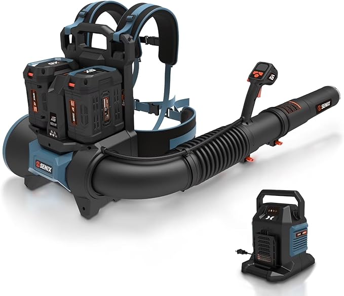 SENIX 60V Backpack Leaf Blower, 2400W Brushless Cordless Leaf Blowers, 950CFM / 140MPH, 4 Speed/Volume Mode, 2 X 6.0Ah Batteries and Dual Port Fast Charger for Yard, Garden