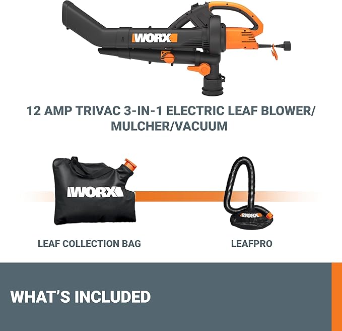 WORX Trivac 3-in-1 Electric Leaf Blower for Lawn Care, Leaf Mulcher/Leaf Vacuum with Bag, 350 CFM & 210 MPH, Leaf Shredder with Metal Impeller, Reusable Bag Included, Corded, WG505.2