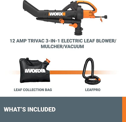 WORX Trivac 3-in-1 Electric Leaf Blower for Lawn Care, Leaf Mulcher/Leaf Vacuum with Bag, 350 CFM & 210 MPH, Leaf Shredder with Metal Impeller, Reusable Bag Included, Corded, WG505.2