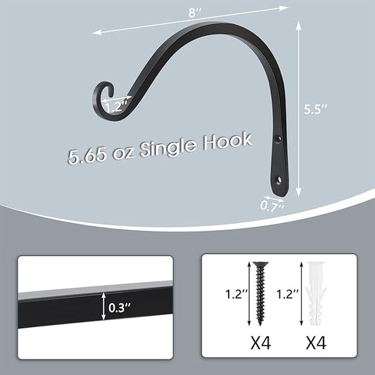 Gtongoko 2 Pack 8 Inch Plant Hangers Outdoor Metal, Plant Hooks for Wall Indoor, Outdoor Hooks for Hanging Bird Feeders, Plant Bracket, Lanterns, Wind Chinme, Black
