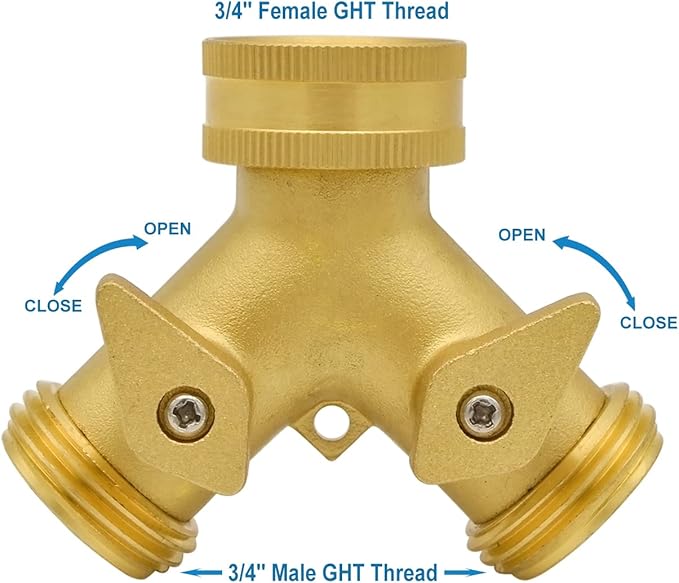 HYDRO MASTER Heavy Duty Brass 2 Way Y Splitter Garden Hose with Comfortable Grip Shut Off Valves, Adapter for Water Tap, Outlet, & Spigot, Includes Extra Rubber Washers