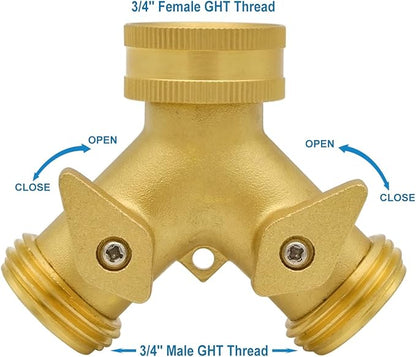 HYDRO MASTER Heavy Duty Brass 2 Way Y Splitter Garden Hose with Comfortable Grip Shut Off Valves, Adapter for Water Tap, Outlet, & Spigot, Includes Extra Rubber Washers