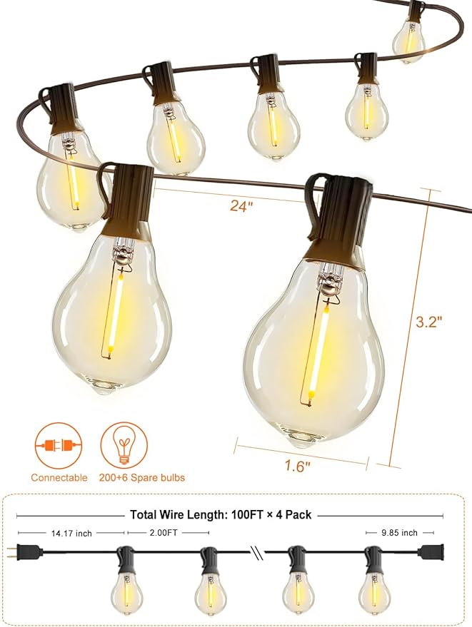 DAMAING Outdoor String Lights 400FT(4x100FT) Waterproof Patio Lights with 208 Shatterproof LED Edison Bulbs,Connectable Outdoor Light for Backyard Balcony Bistro Porch 2200K Black Cord