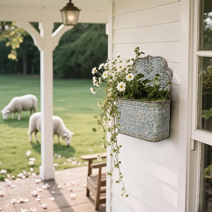 All Chic Set of 2 Metal Hanging Wall Planters Outdoor Indoor Mail Wall Mounted Planter Antique Shabby Chic Wall Decor (Grey)