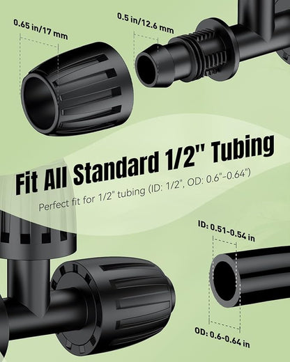 Pawfly 15 Pcs Drip Irrigation Fittings for 1/2 Inch Irrigation Tubing (1/2" ID x 0.64" OD), 1/2" Drip Line T Connectors with Anti-Drop Lock Nuts, Barbed Tees for Garden Irrigation System