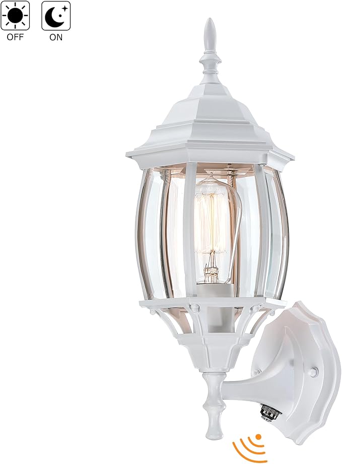 16.8 Inch White Outdoor Wall Lights Dusk to Dawn, Outside Wall Sconce for House White Dusk to Dawn Sensor Outdoor Light for Front Door Porch Sconce with Vintage Design,E26