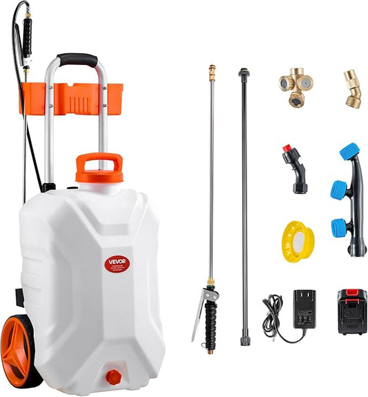 VEVOR Battery-Powered Sprayer with Wheeled Cart, 10 Gallons Electric Weed Sprayer, Adjustable 0-80 PSI, Yard Lawn Sprayers with Wheels, 5 Nozzles & 98ft Hose, 3-6H Spray Time, for Weeding, Cleaning