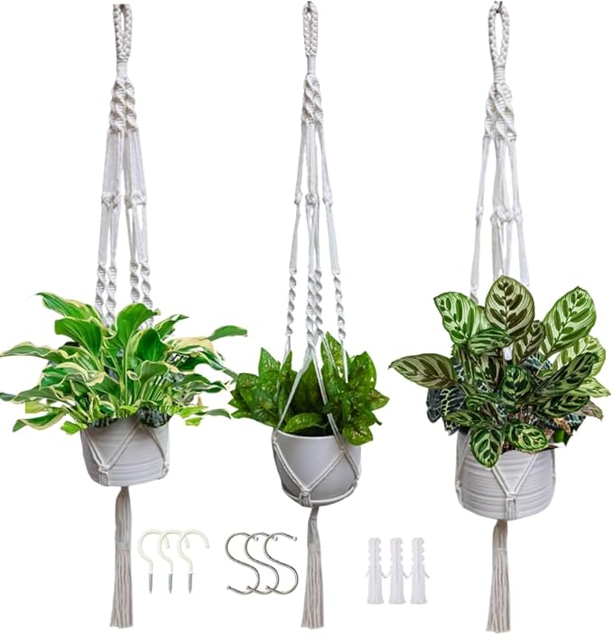 3 Pack Macrame Plant Hanger Indoor Hanging Planter for Plants Holder, Hanging Pot Holder Macrame Decorative Flower Pot Holder with 3 Hooks for Indoor Outdoor Boho Home Décor, Ivory (POTS NOT INCLUDED)