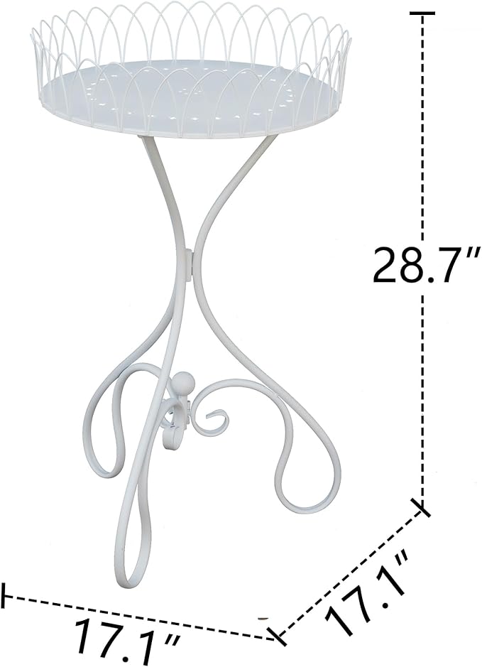 White Round Tabletop Plant Stand, French Vintage Metal Flower Pot Riser with Ornate Edge Detailing, Centerpiece Garden Decor