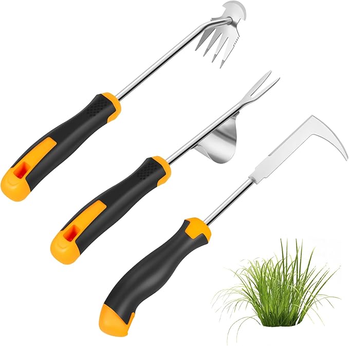 Garden Uprooting Weeding Tools - 3 Pack Hand Held Weeder Puller Tool Set, Rubber Handle, Weed Remover for Garden Farm Weeding