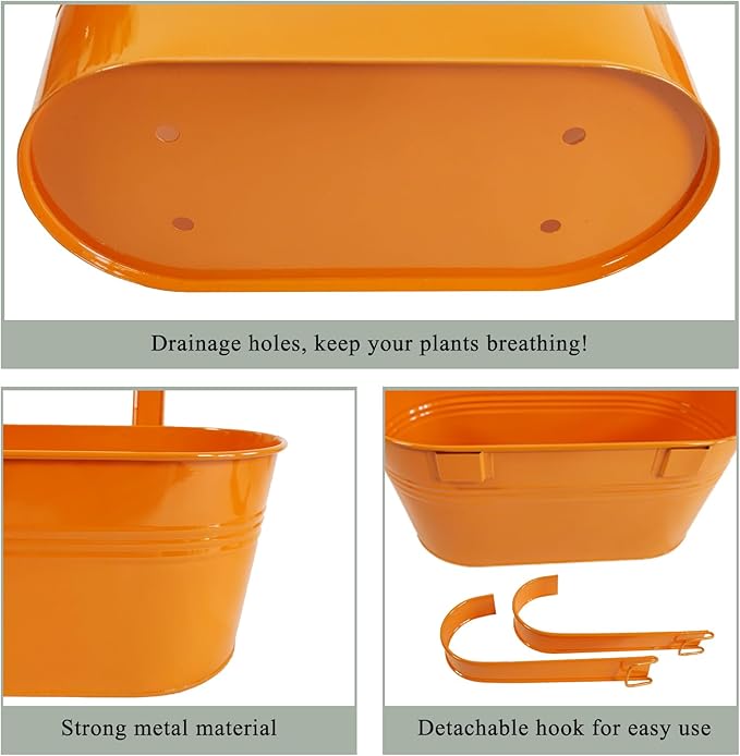 6 Pcs Railing Planter, 10" Metal Hanging Flower Pots for Outdoor Balcony Rails, Fence Pot Hanging Plant Holders with Detachable Hooks for Garden Patio Yard Decor (Multi-Color, 6Pcs)