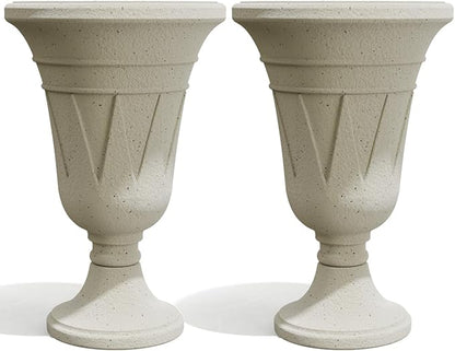 Tall Plastic Urn Planters for Outdoor Plants Set of 2-23.6" H Classic Trophy Design Indoor Large Flower Pots with Drainage Holes, Outdoor Planters for Porch Decor/Garden Vase, Off-White
