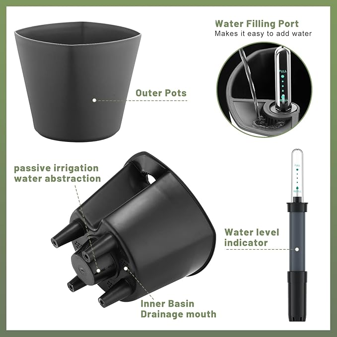 Self Watering Planters for Indoor Outdoor Plants 7 inch Flower Pot with Water Level Indicator Grey 6 Pack African Violet Self Watering Pots for All Orchid agave etc. House Plant Plastic Planter