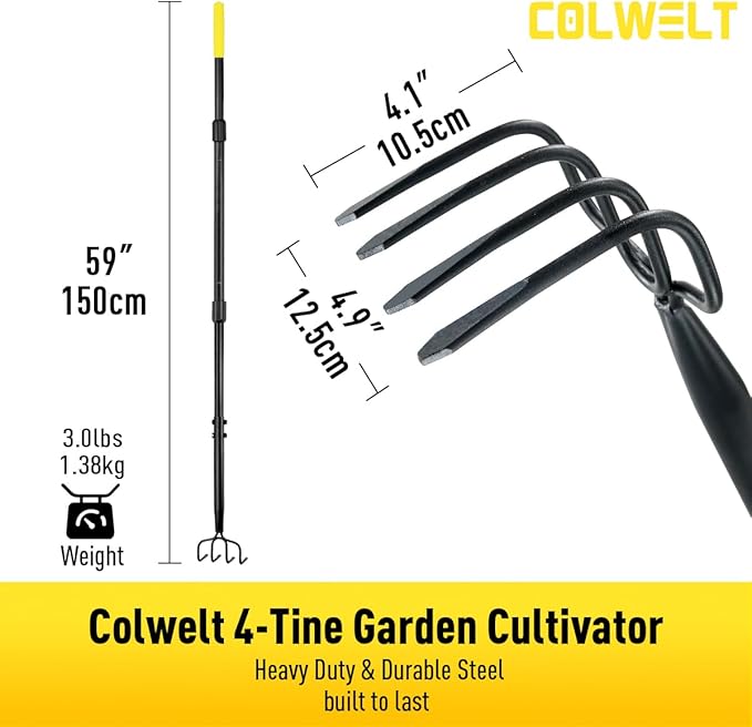 Colwelt 4 Tines Garden Cultivator Rake 59'', Hand Tiller Garden Tool with Sharp Forged Steel Head, Cultivators for Gardening with Long Handle, Garden Tiller for Digging Loosening Weeding