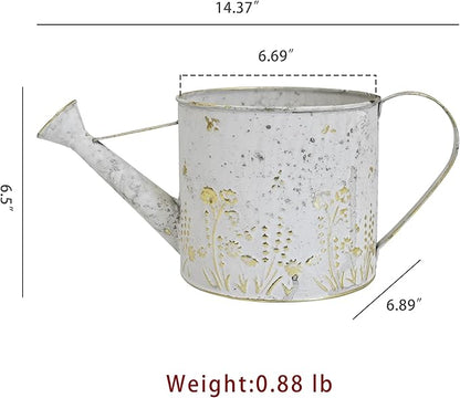 Vintage Metal Watering Can with Floral Embossed Design Garden Distressed White Decorative Watering Pot Planter Rustic Farmhouse Waterer for Home Indoor Outdoor Garden Balcony Courtyard (White#2)