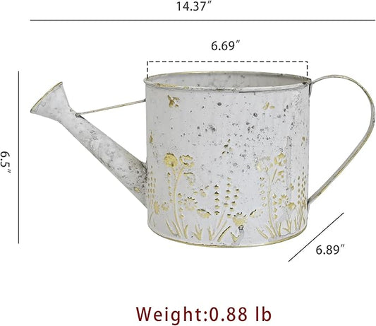 Vintage Metal Watering Can with Floral Embossed Design Garden Distressed White Decorative Watering Pot Planter Rustic Farmhouse Waterer for Home Indoor Outdoor Garden Balcony Courtyard (White#2)