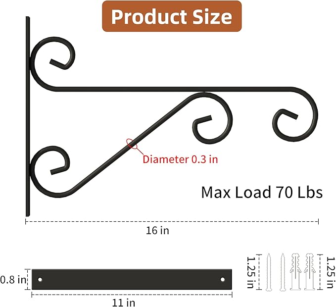 4 Pack 16 Inch Plant Hangers Outdoor Bracket, Indoor Wall Mount Metal Heavy Duty Rust-Resistant Bird Feeder Plant Hooks for Hanging Planters, Flower Baskets, Black