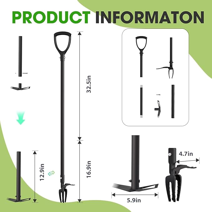 Weed Puller Tool, 2-in-1 Stand Up Weeder with 4-Claw Head & Rake, No Tools Required Assembly, Gets Rid of Weeds & Roots Permanently for a Pristine Lawn