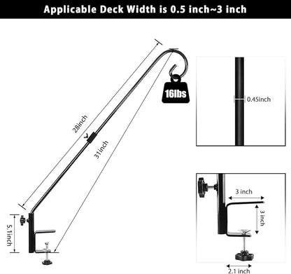 FEED GARDEN 31 Inch Heavy Duty Deck Hook for Railing 2 Pack, Non-Slip Clamp, 360 Degree Swivel, for Hanging Bird Feeders, Plants, Lanterns, Suet Baskets, Wind Chimes, Black